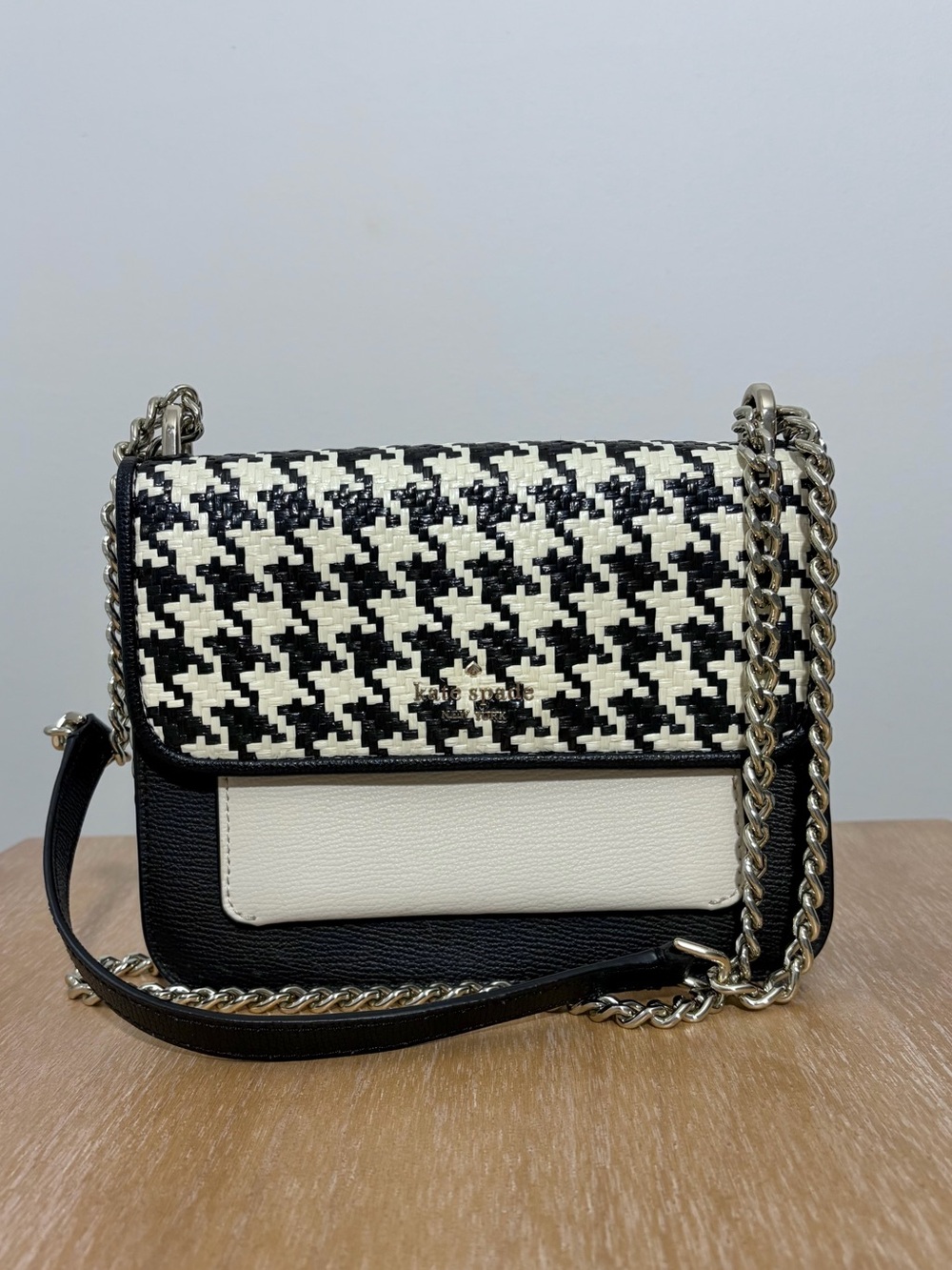 Kate Spade Black and White Remi Houndstooth Flap Crossbody with Silver Chain